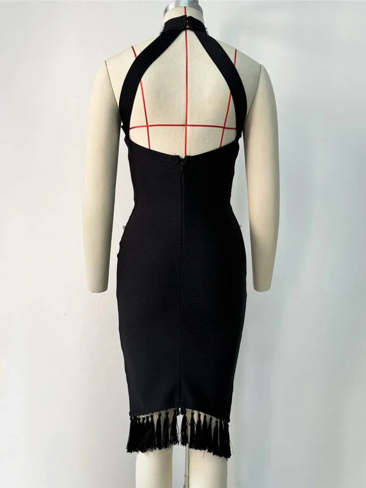 Halter Neck Backless Beaded Midi Dress VestiVogue