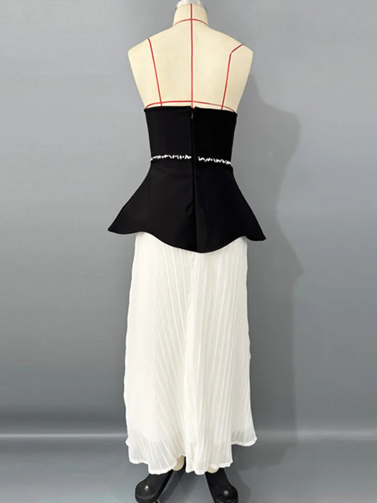 Elegant Backless Beaded A-Line Bodycon Dress in Beige & Black VestiVogue