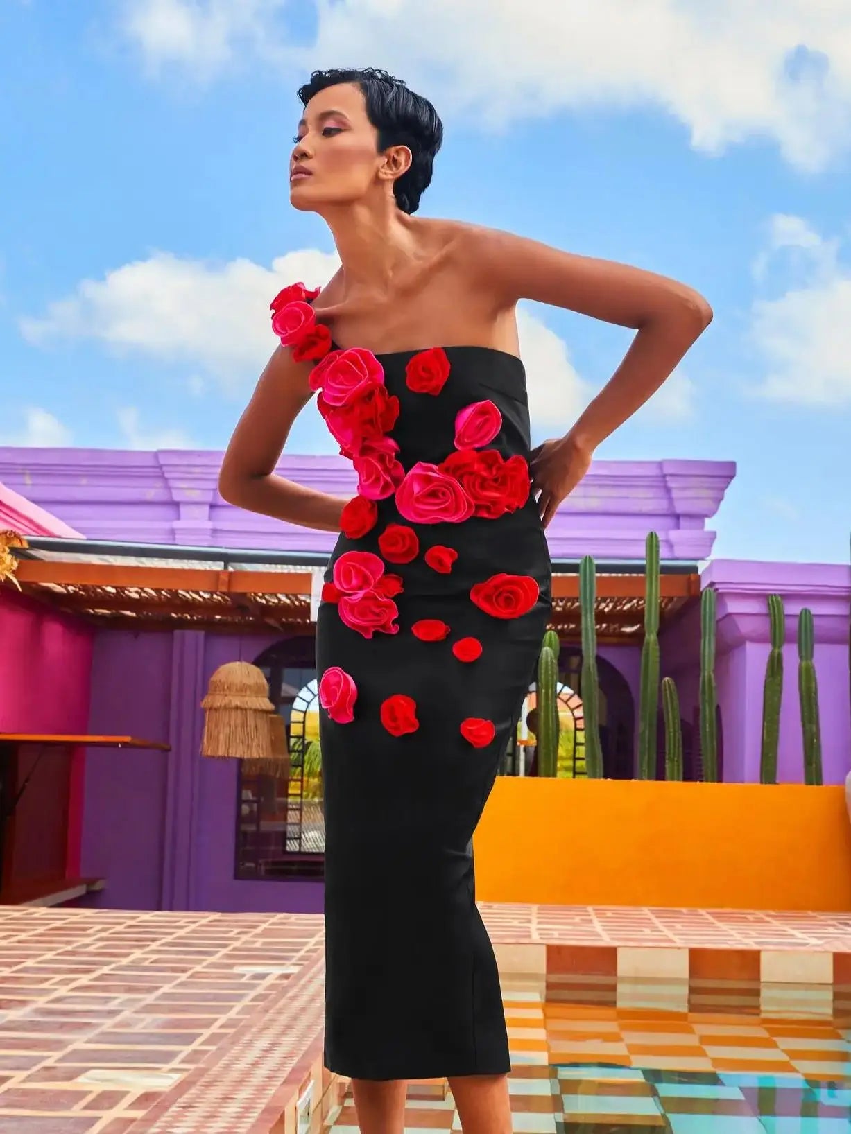 One Shoulder Floral Bandage Dress VestiVogue black M