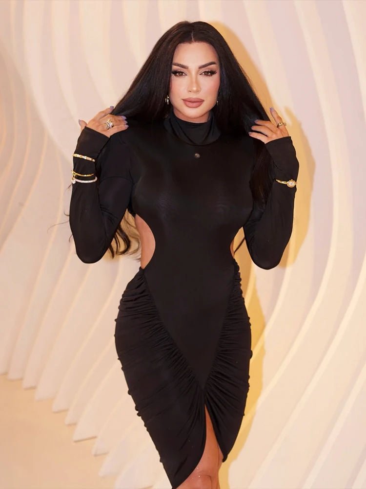 Chic Backless Irregular Hem Mini Dress with High Collar and Full Sleeves VestiVogue