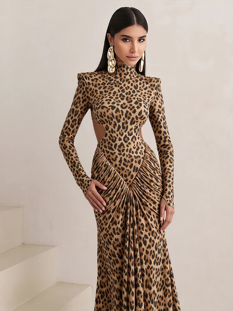 Leopard Print Turtleneck Backless Long Dress VestiVogue