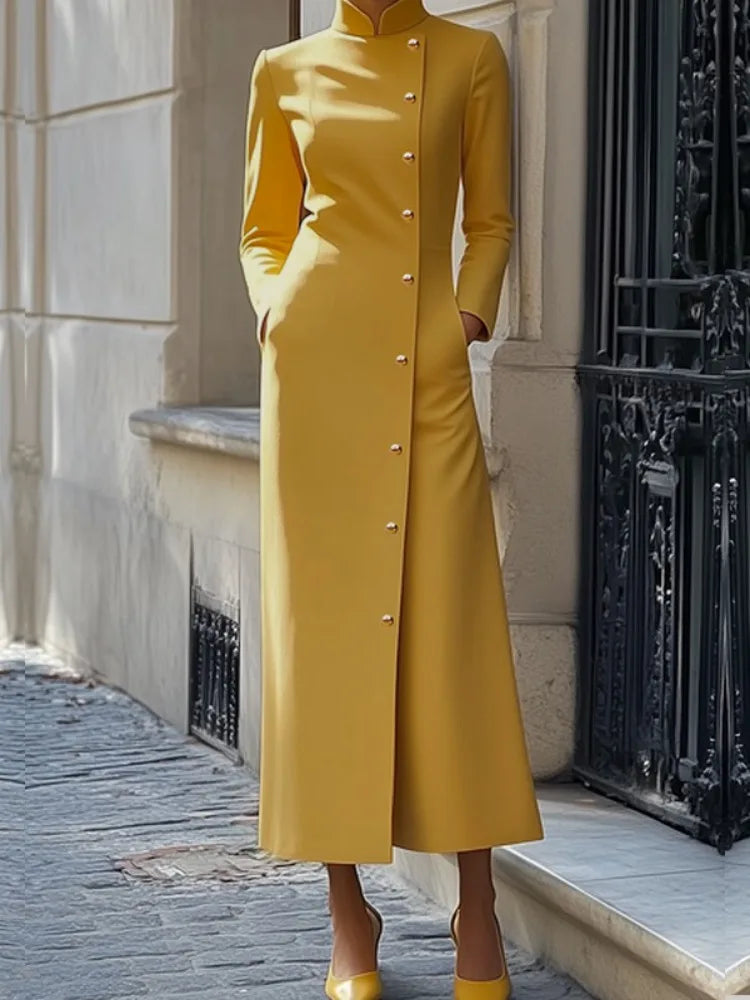Stand Collar H-Line Midi Dress with Button Detail VestiVogue Yellow S