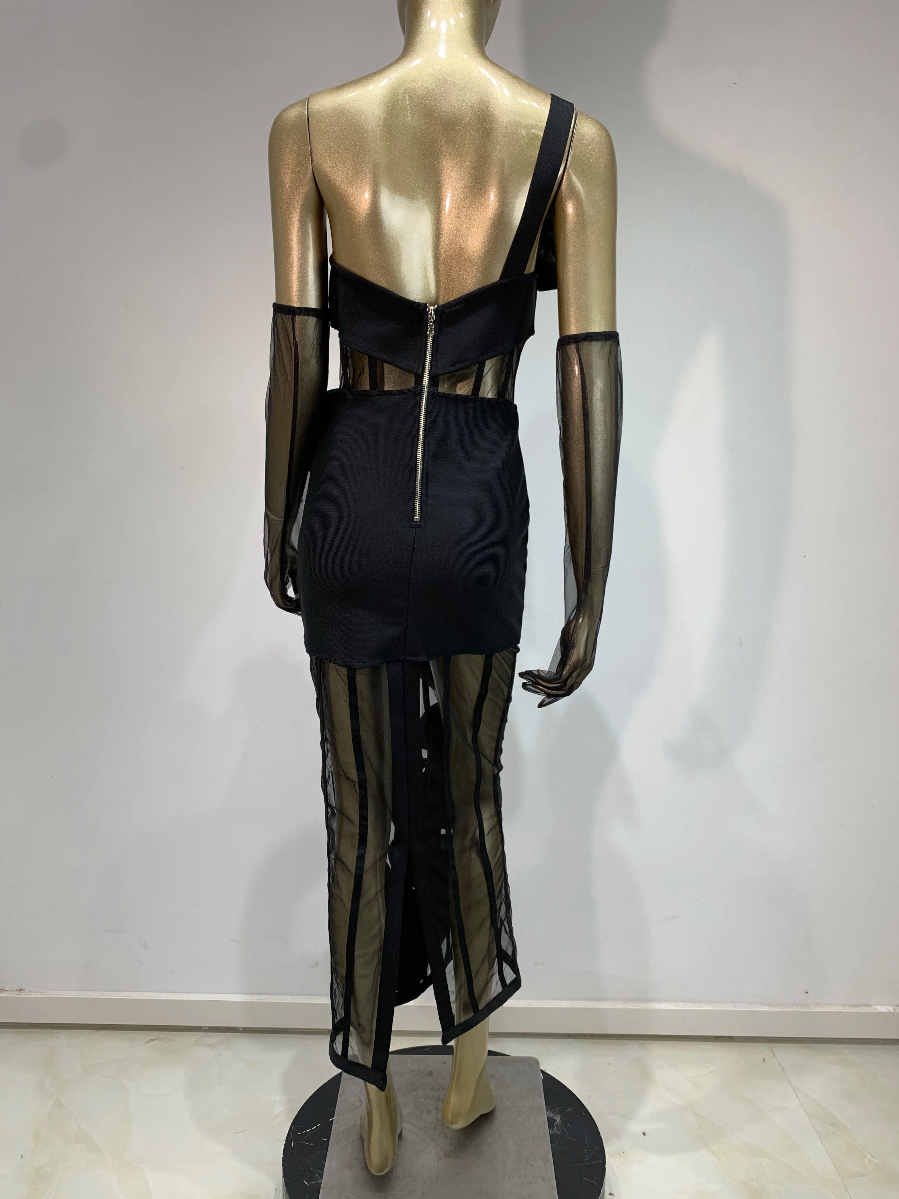 One-Shoulder Black Mesh Bodycon Midi Dress with Diamond Accents VestiVogue