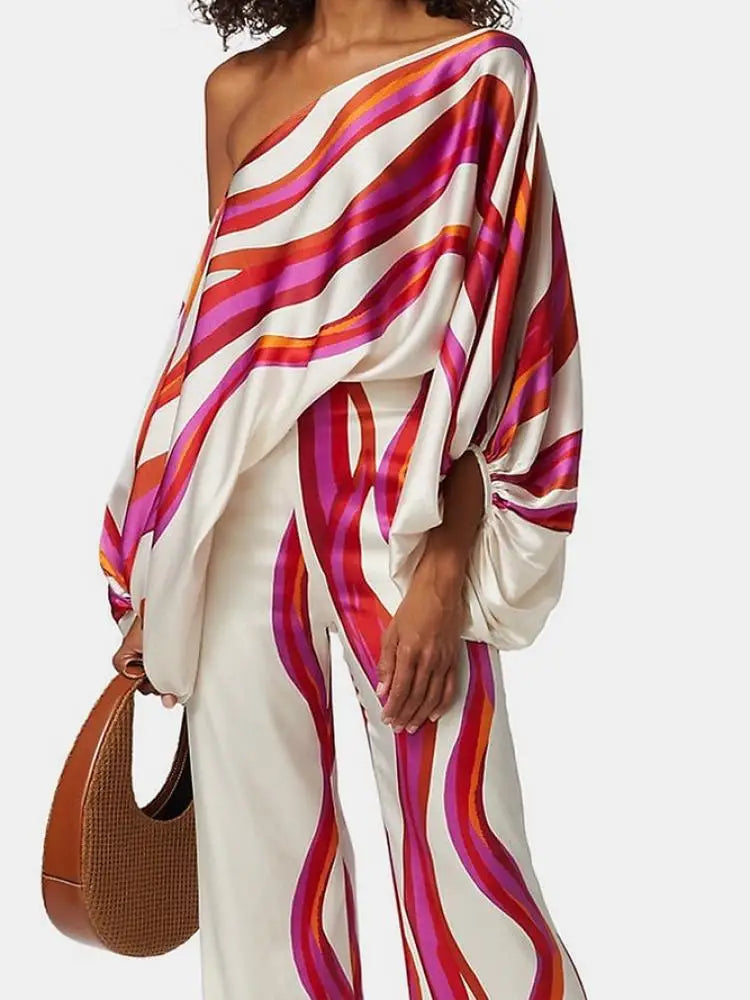 Diagonal Collar Striped Puff Sleeve Pants Set VestiVogue