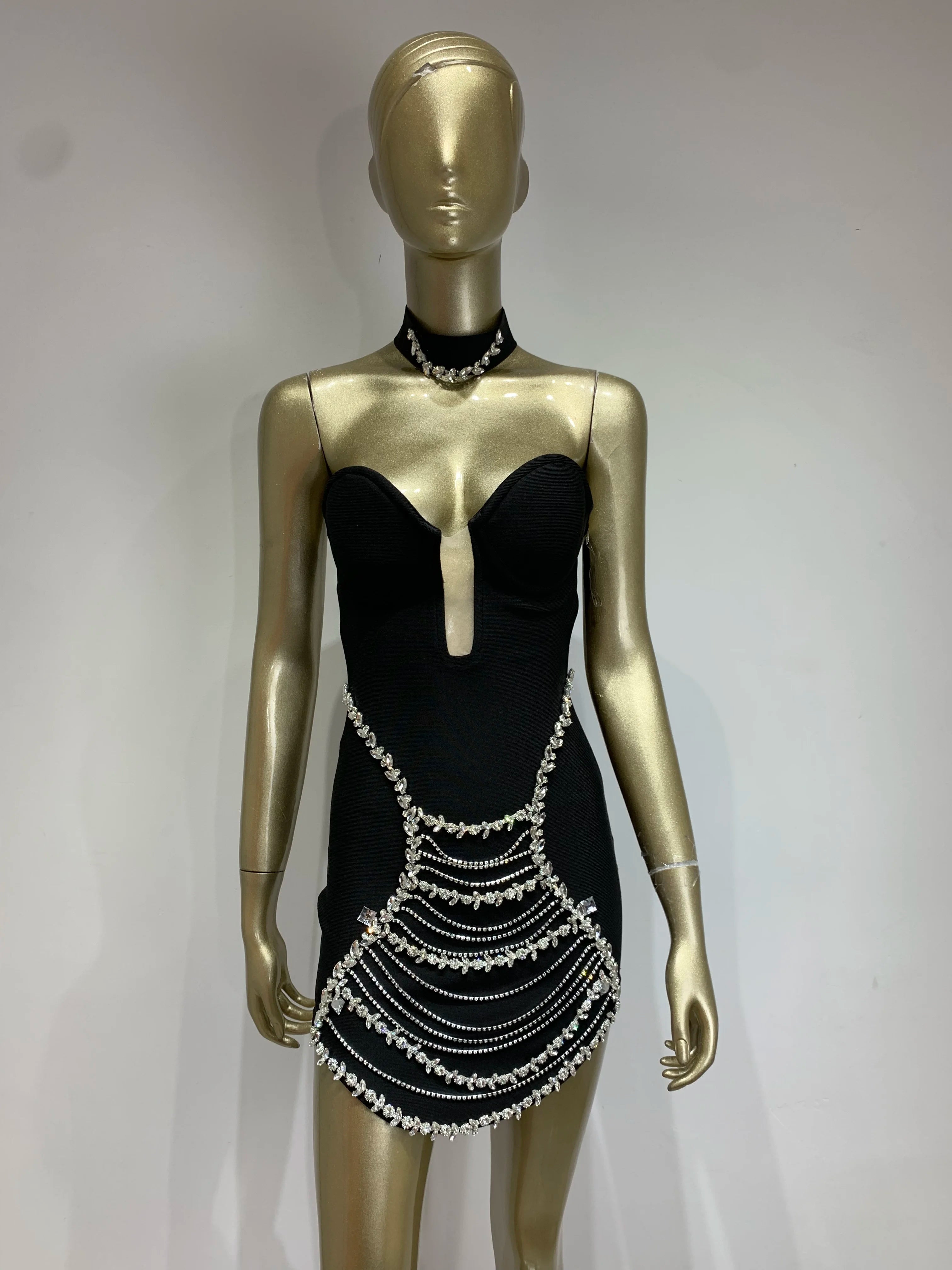 Black Strapless Crystal Bandage Mini Dress VestiVogue