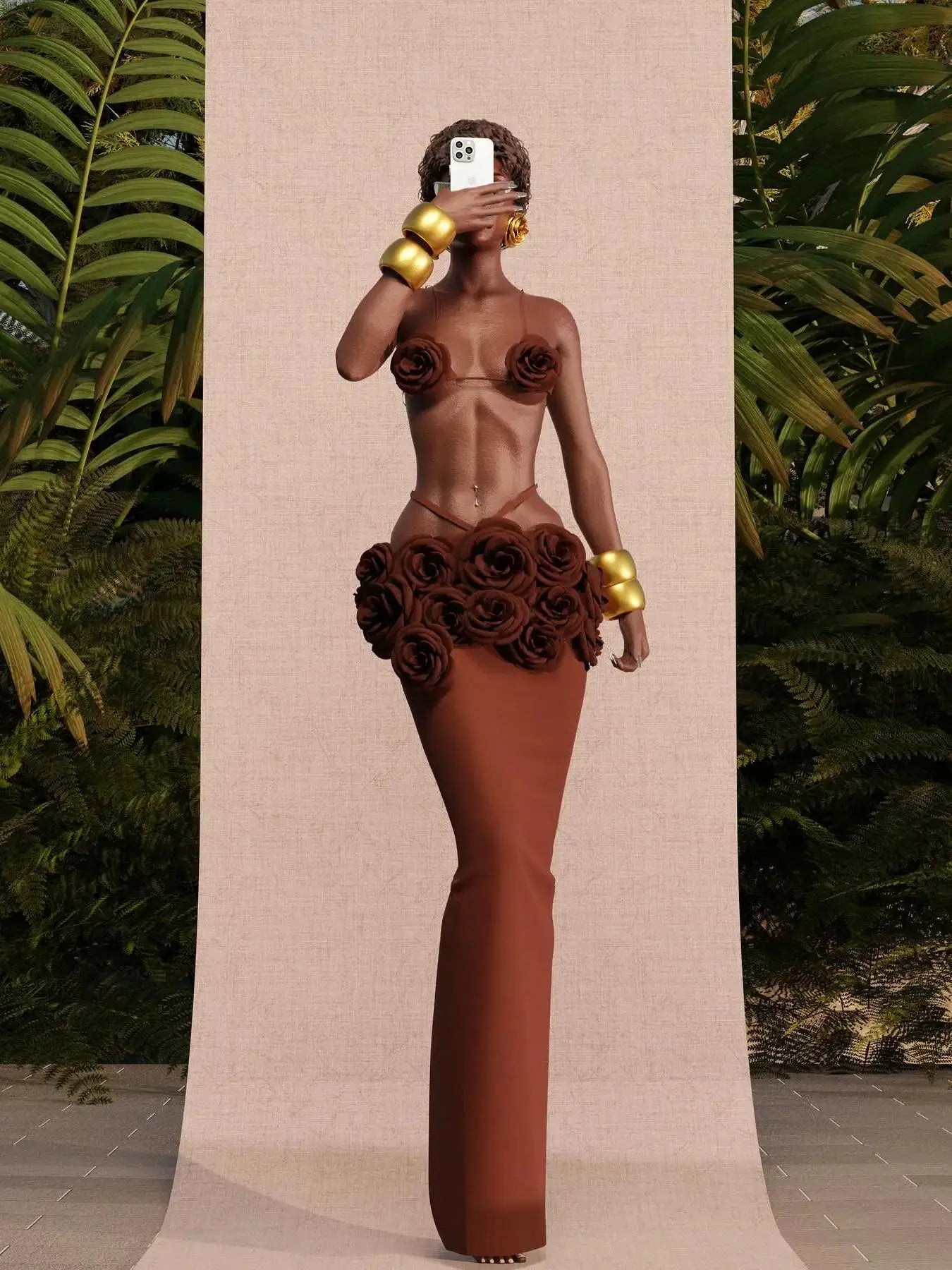 Black Flower Bandage Two Piece Set VestiVogue Brown S