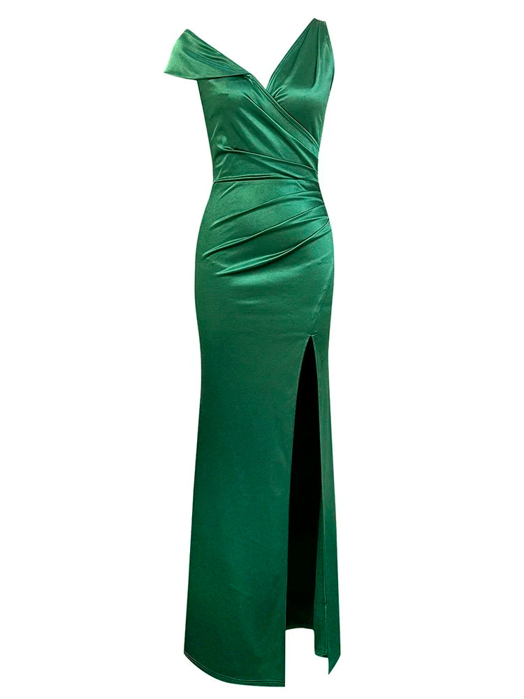 One Shoulder Asymmetrical Green Satin Maxi Dress VestiVogue green XS