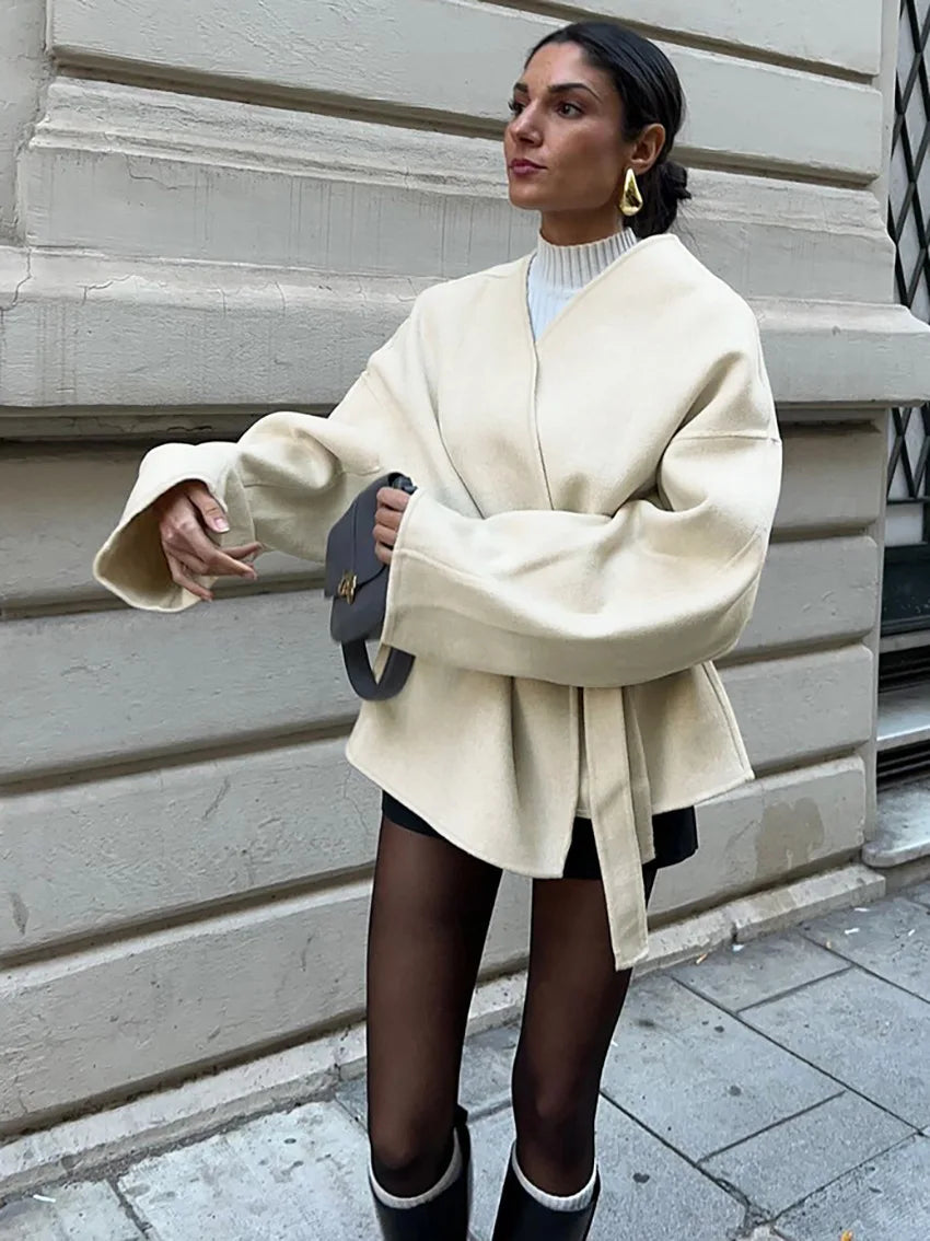 Elegant V-Neck Lace-Up Long Sleeve Coat for Women VestiVogue