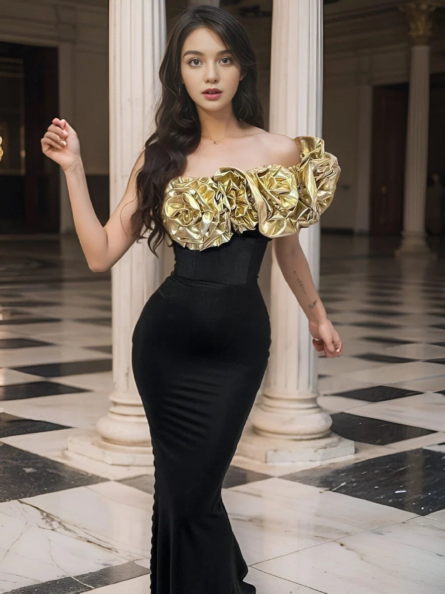 Slash Neck 3D Floral Midi Bodycon Dress VestiVogue