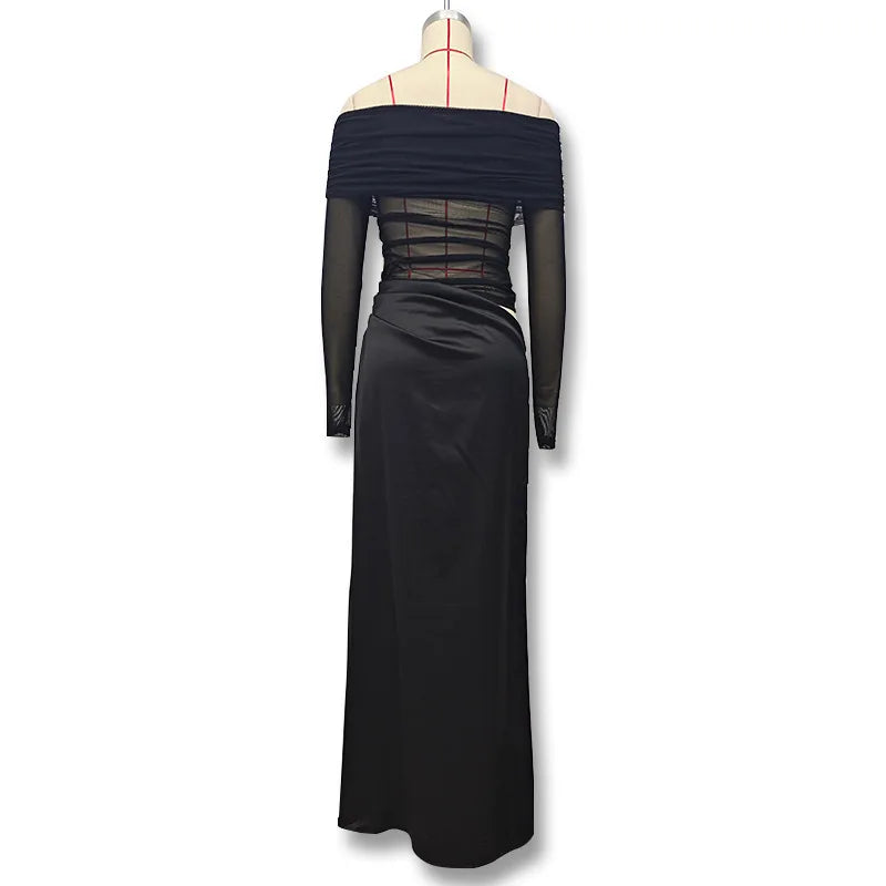 Elegant Off-Shoulder Mesh Midi Dress with Turn-Down Collar VestiVogue