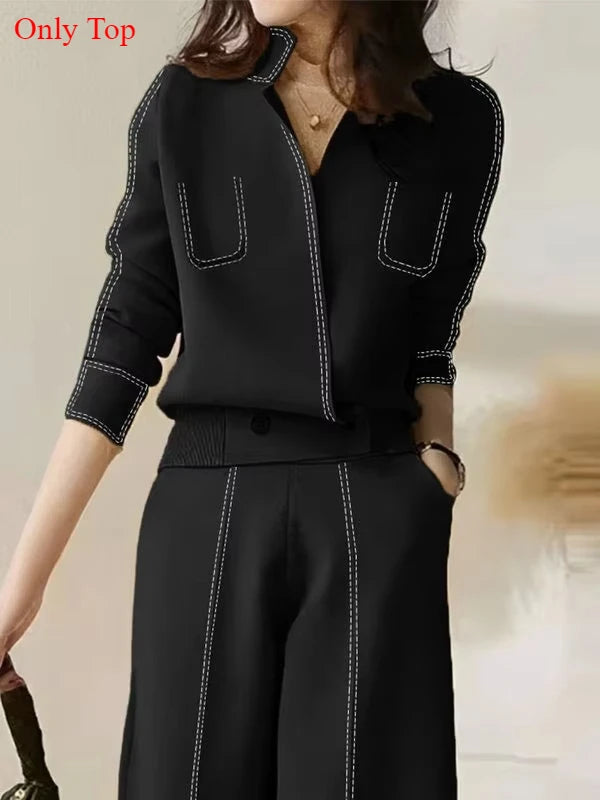 Chic Stand Collar Top & High Waist Wide Leg Pants Ensemble VestiVogue Just Top L