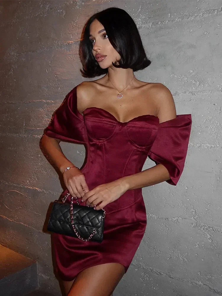 Wine Red Off-Shoulder Backless Mini Dress VestiVogue Wine Red L