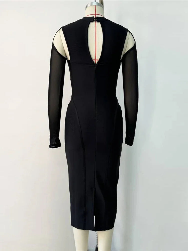 Halter Midi Bandage Dress with Mesh Sleeves and Hollow Out Design VestiVogue