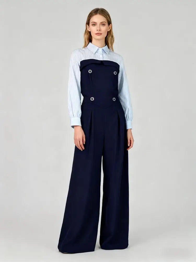 Lapel Collar High-Waist Wide Leg Jumpsuit with Trendy Patchwork VestiVogue