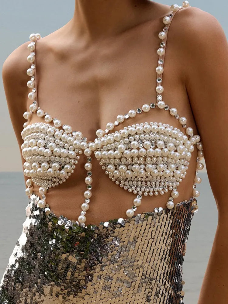 Alluring Backless Silver Sequin Maxi Dress VestiVogue