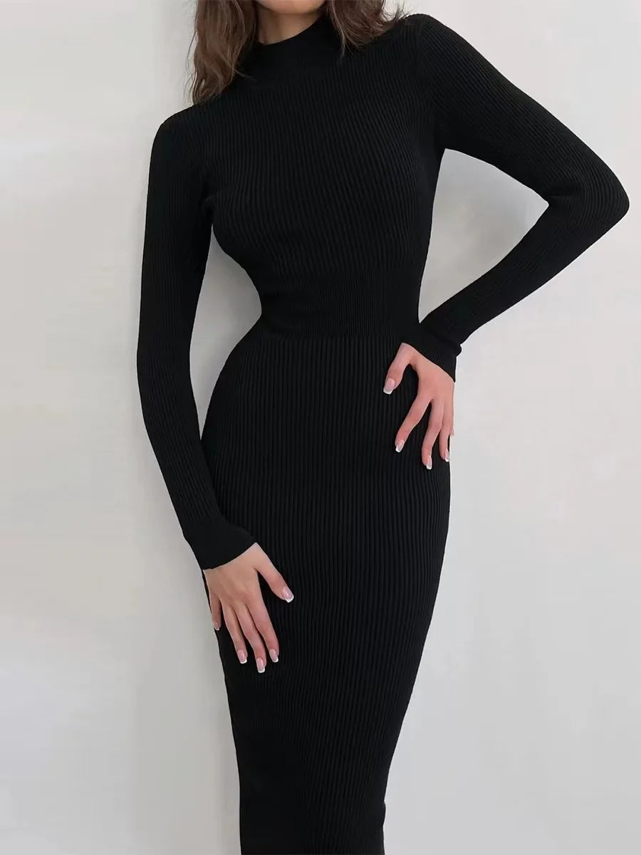 Chic Knitted Turtleneck Bodycon Midi Dress VestiVogue Black LYQ252 L