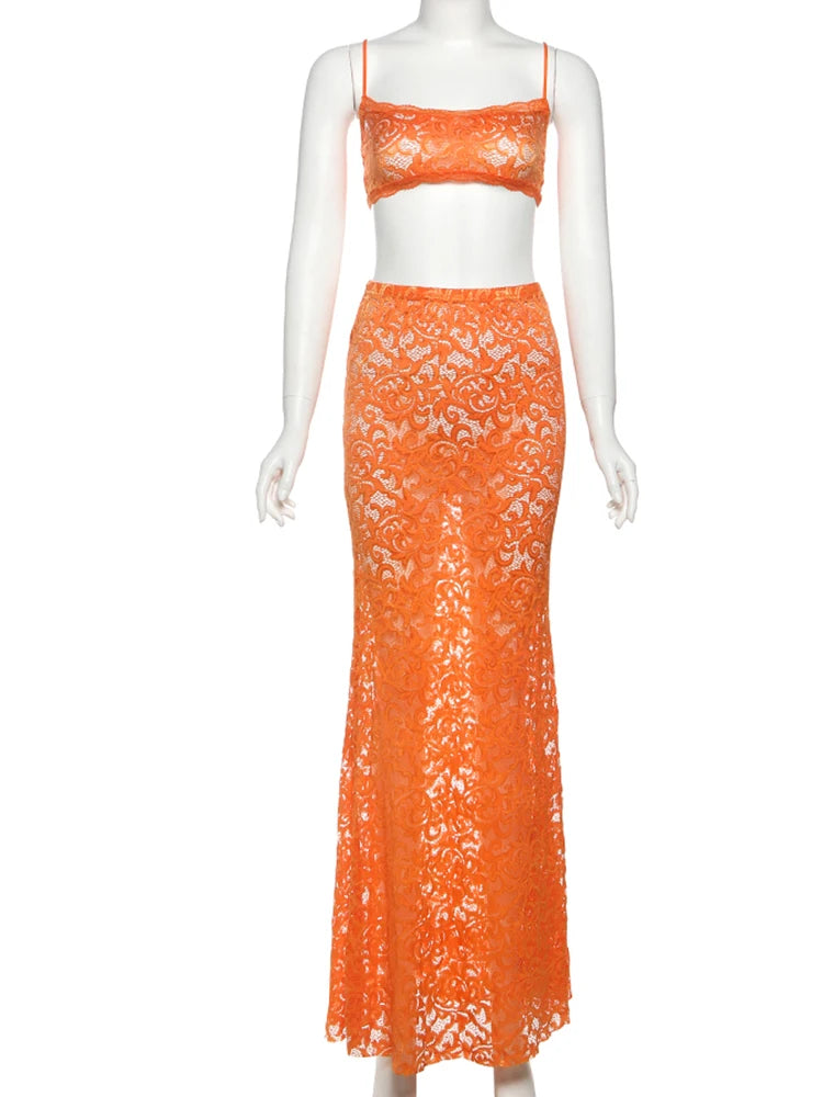 Luxe Lace 2-Piece Midriff Camisole and Long Skirt Set VestiVogue
