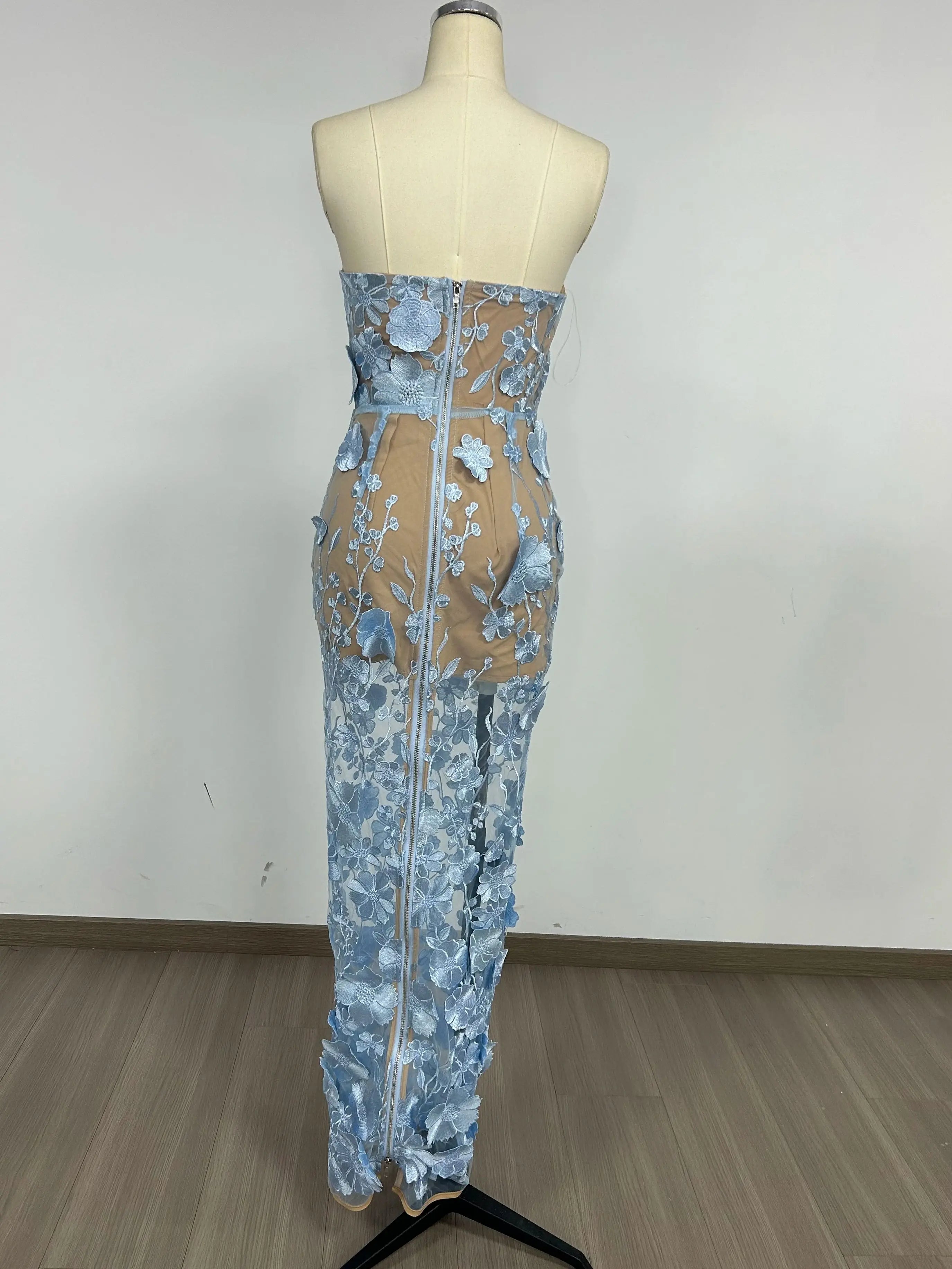 Strapless Embroidered Flower Bodycon Gown VestiVogue