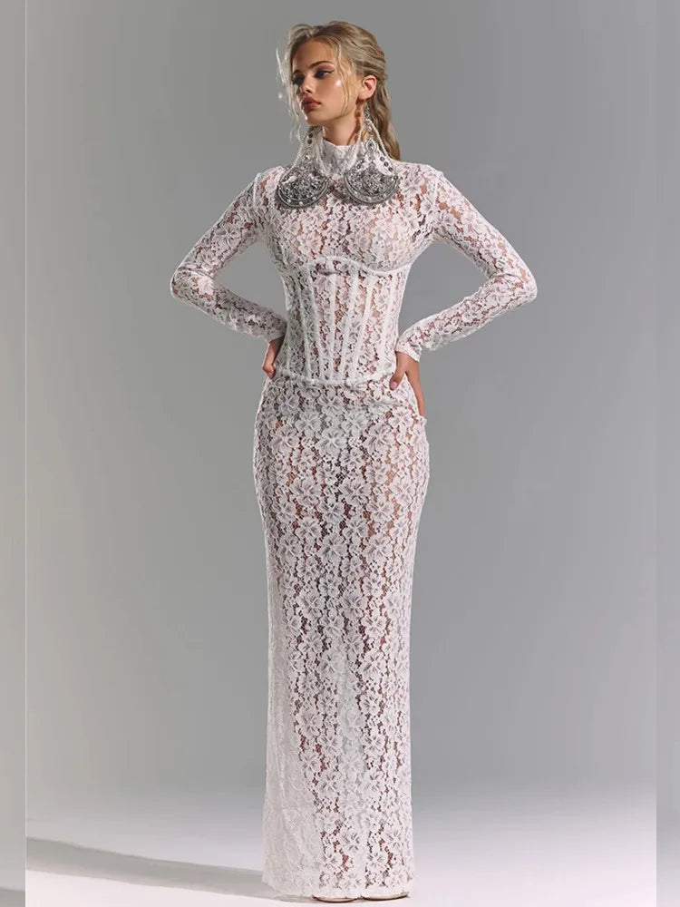 Elegant White Lace Maxi Dress with Long Sleeves and Turtleneck VestiVogue