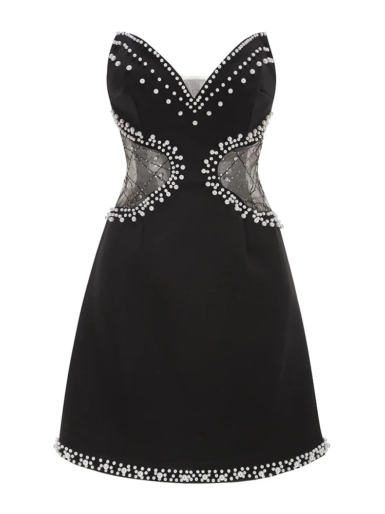 Strapless Mini Mesh Dress with Pearl Beading for Parties VestiVogue black XS
