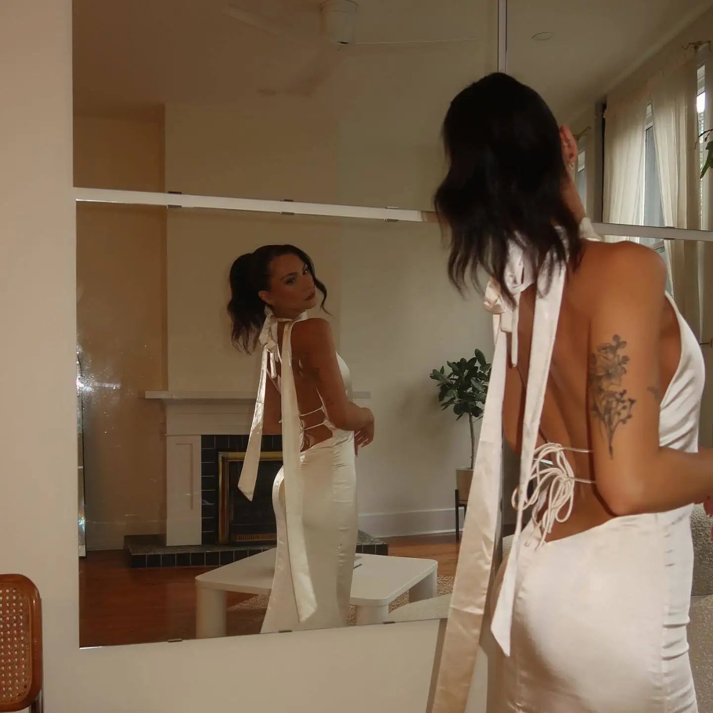 V-Neck Satin Open Back Evening Dress VestiVogue