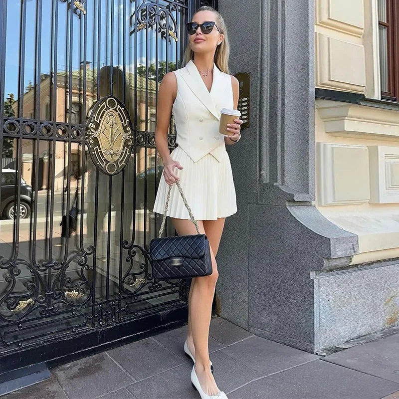 Folds Mini Skirt Set with Turn Collar Crop Top VestiVogue White S