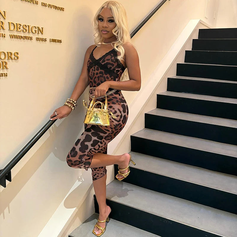 Leopard Print Lace Trim Bodycon Jumpsuit VestiVogue