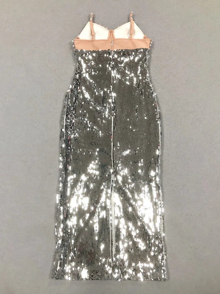 Alluring Backless Silver Sequin Maxi Dress VestiVogue