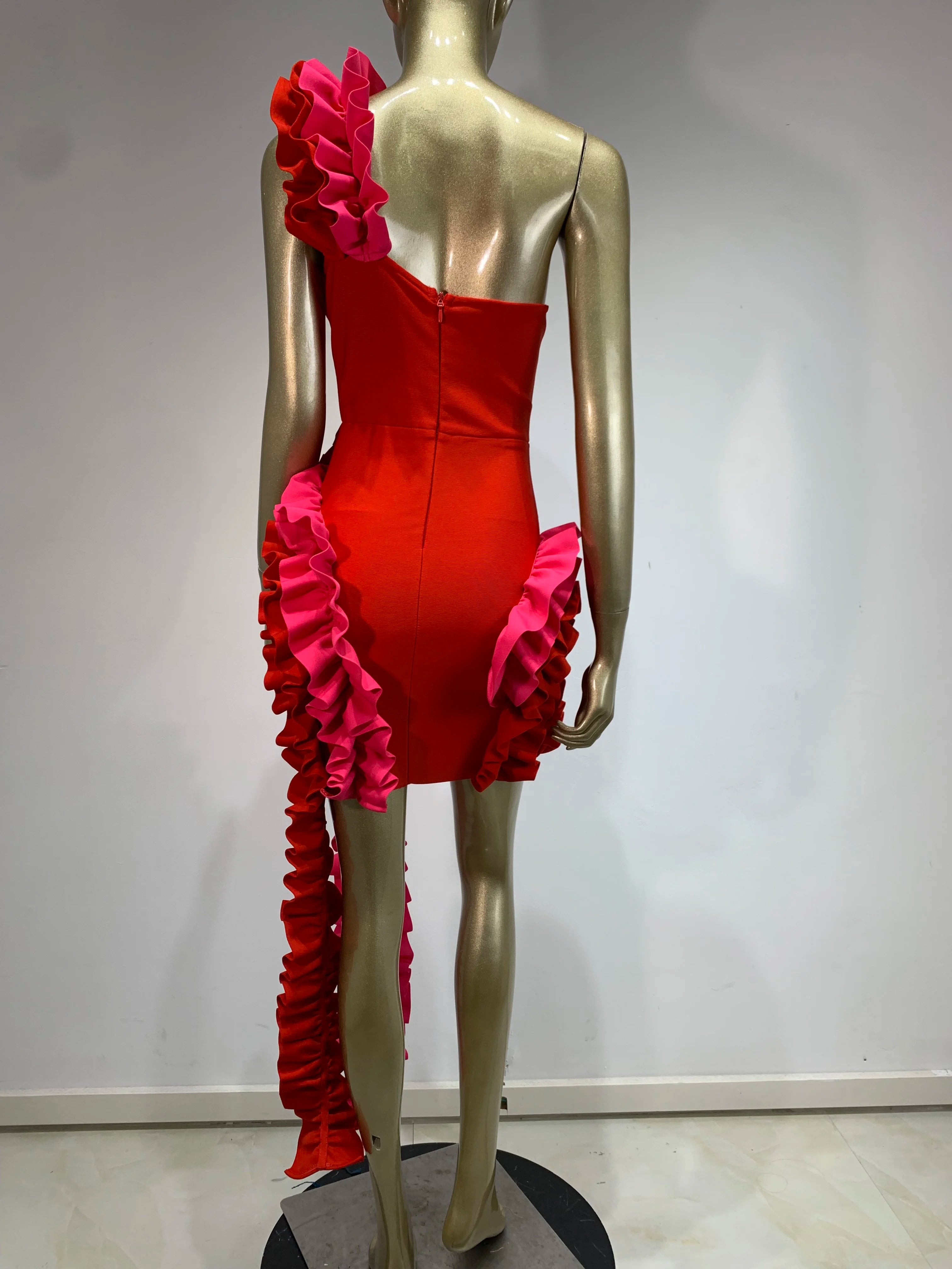 One-Shoulder Red Ruffle Bodycon Dress VestiVogue