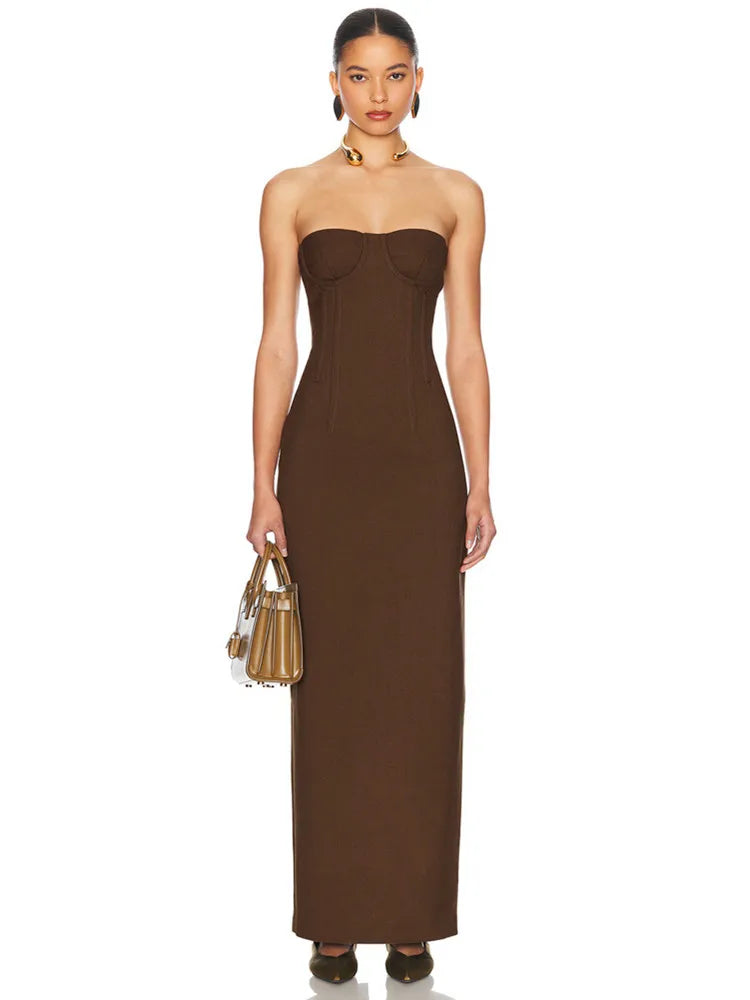 Strapless Backless Chocolate Maxi Bodycon Dress VestiVogue
