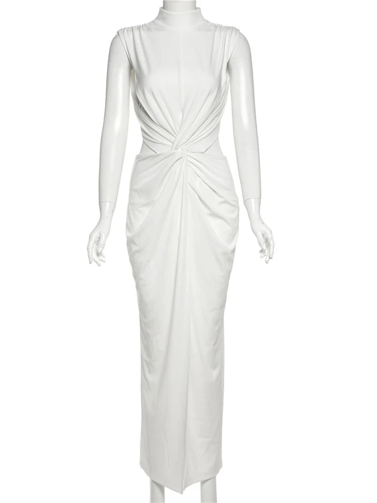 Ruched Hollow Turtleneck Sleeveless Dress with High Splits VestiVogue