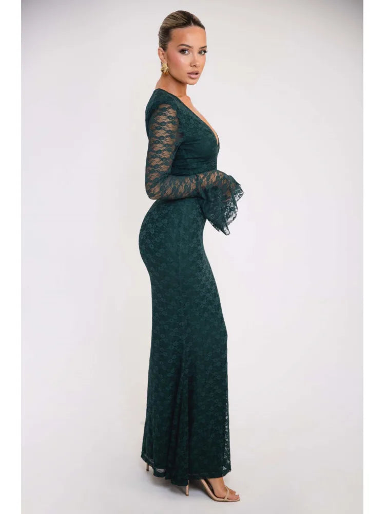 Lace Patchwork Deep V Maxi Dress for Women VestiVogue