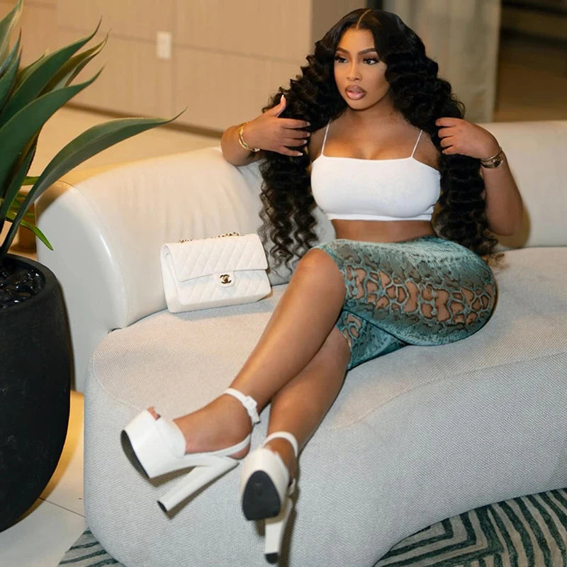 Python Print Mid-Waist Skinny Pants with Elastic Waist VestiVogue