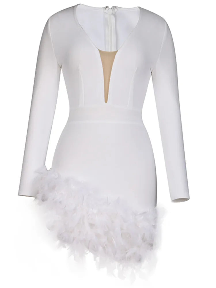 Feather Detailed V-Neck Long Sleeve Mini Bandage Dress VestiVogue