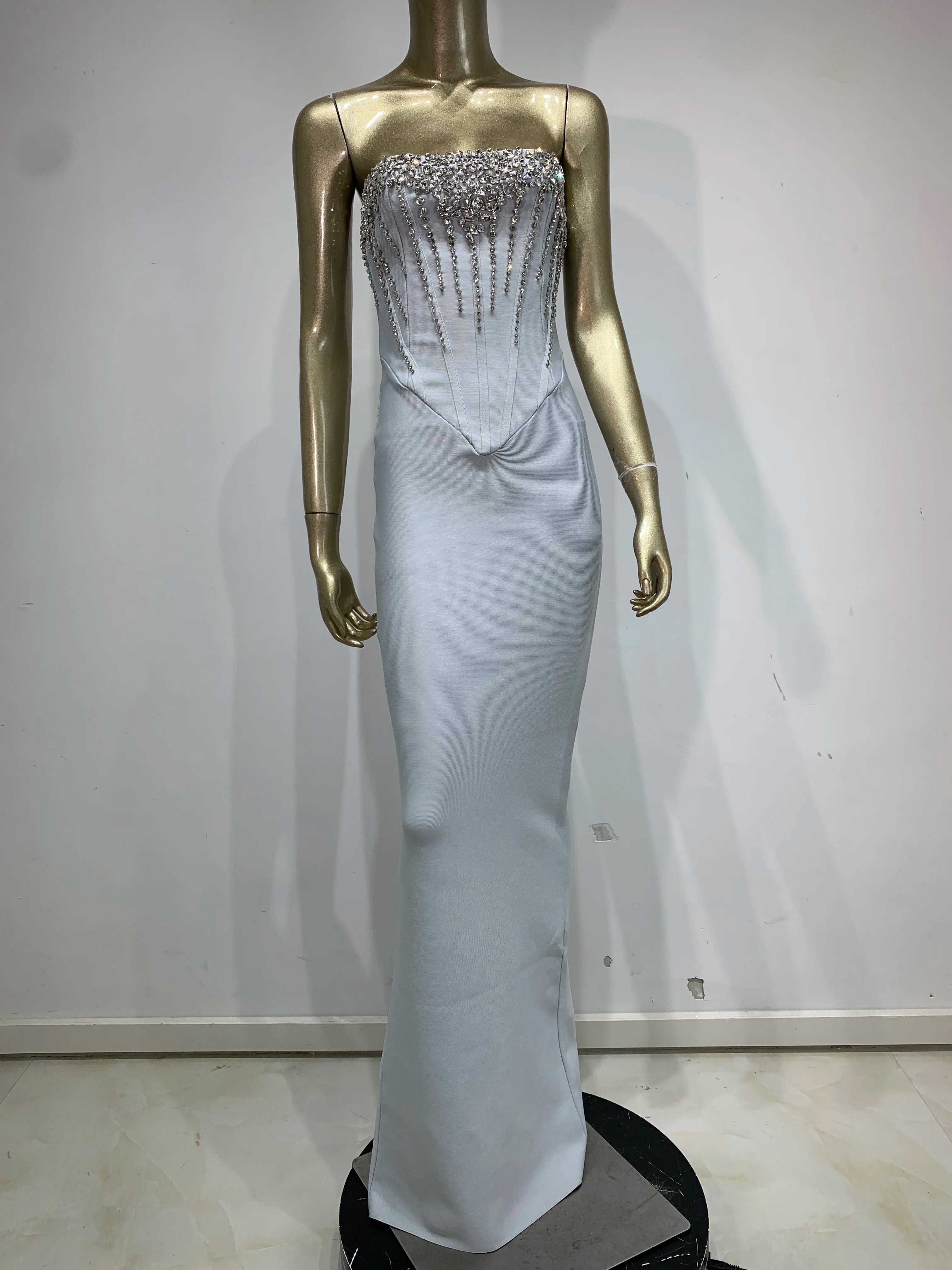 Strapless Beaded Grey Maxi Bodycon Dress VestiVogue