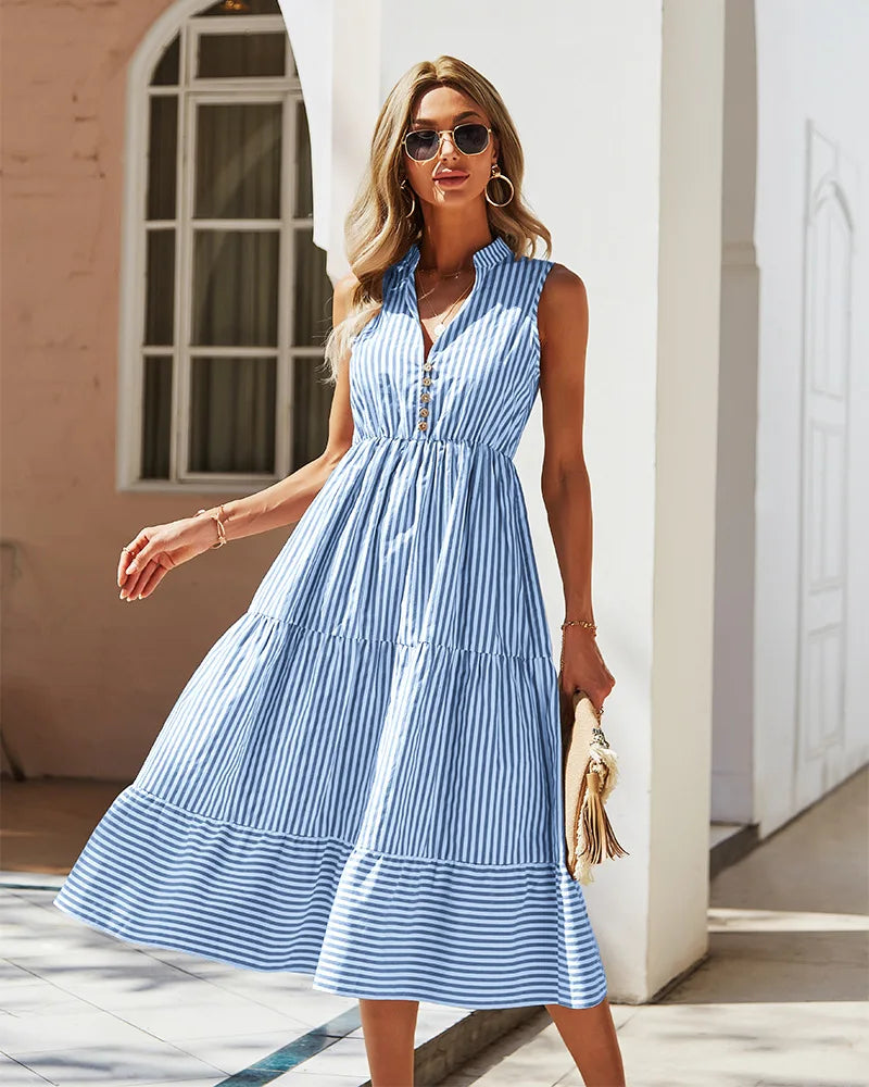 Sleeveless Striped A-Line Dress with Empire Waist VestiVogue