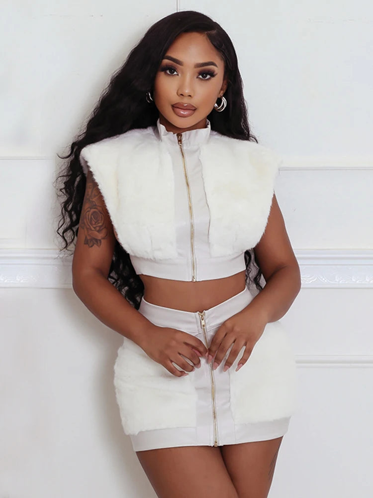 Chic Zip-Up Crop Tank & Slim Mini Skirt Two-Piece Set VestiVogue WHITE S
