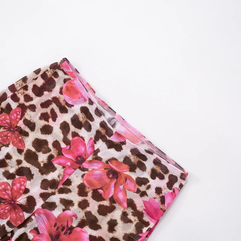 Floral Leopard Print Ruffle Tie Tank Top & Low Waisted Pants Set VestiVogue