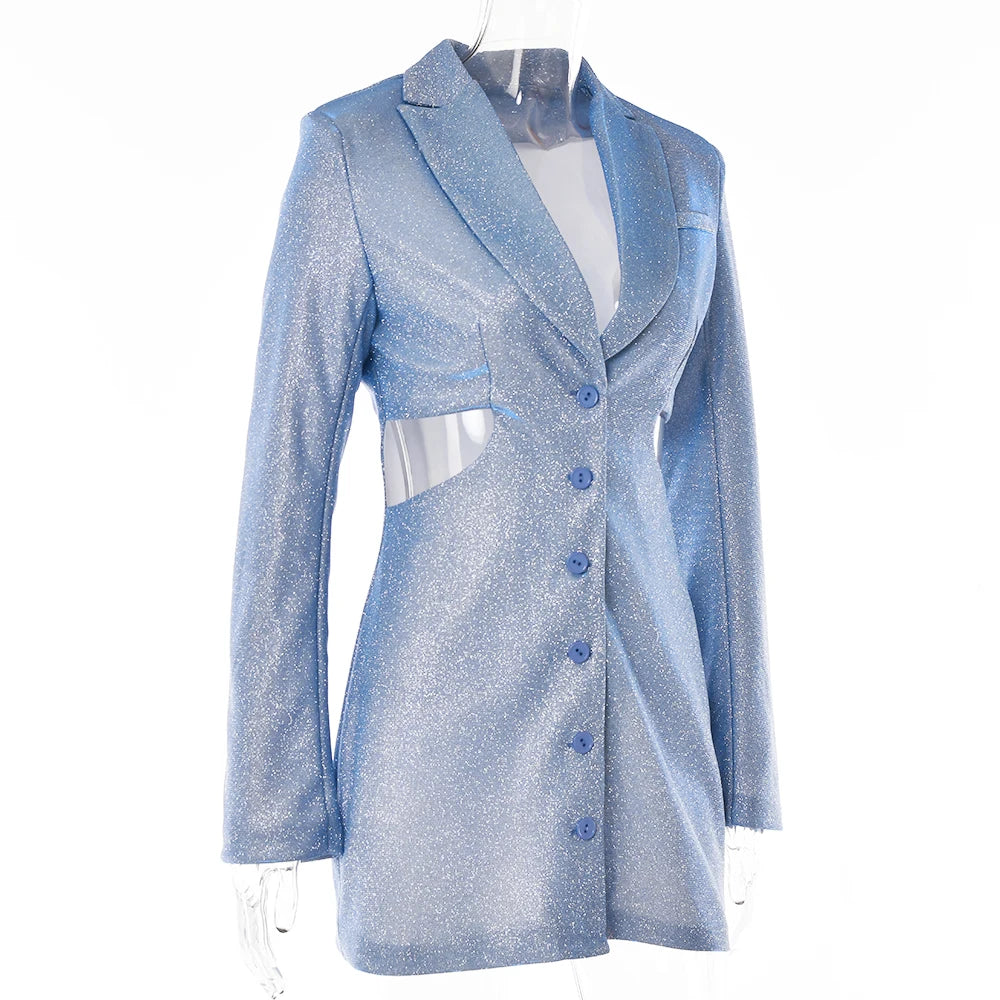 Shiny Blue Hollow Out Blazer Dress VestiVogue