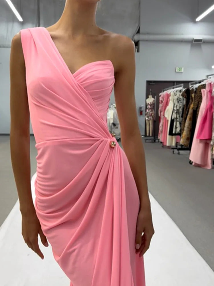 Elegant Pink Ruffle V-Neck Maxi Gown VestiVogue