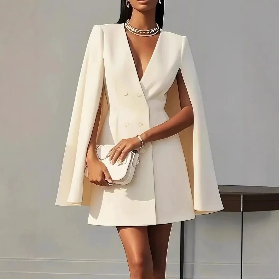 Elegant V-Neck Double Breasted Blazer Dress with Cape Sleeves VestiVogue