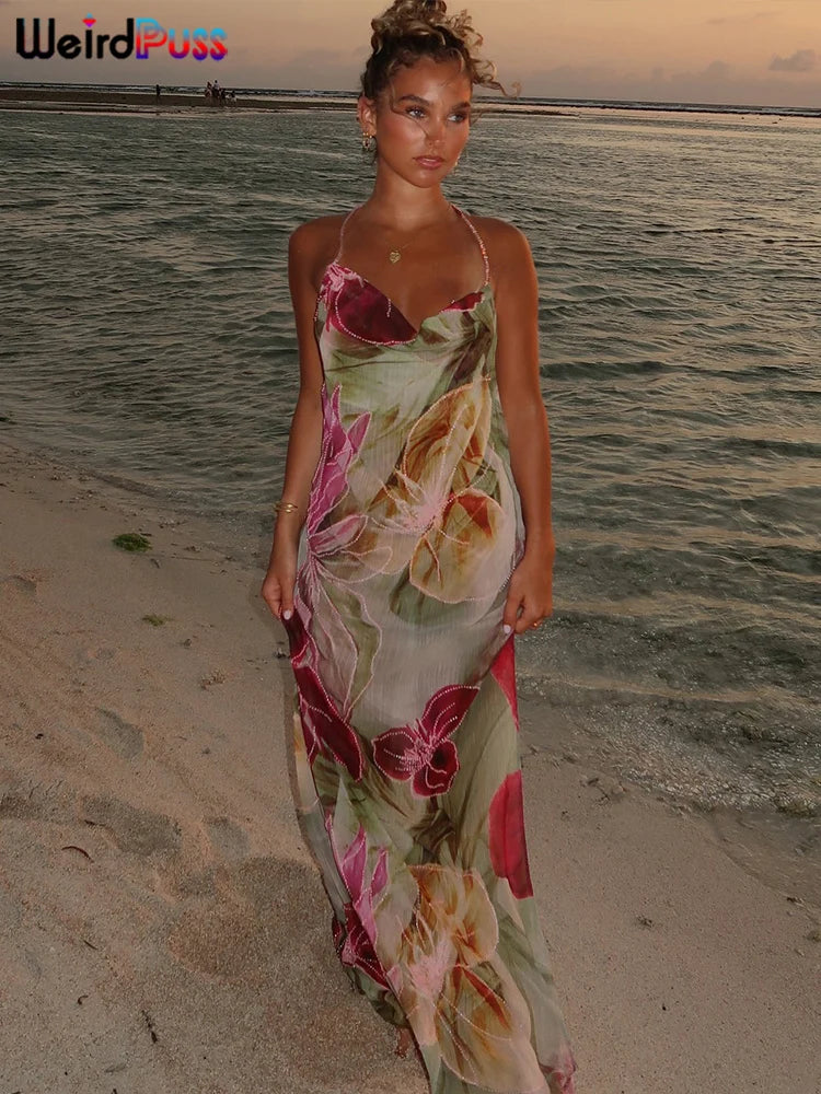 Floral Print Asymmetrical Halter Dress VestiVogue