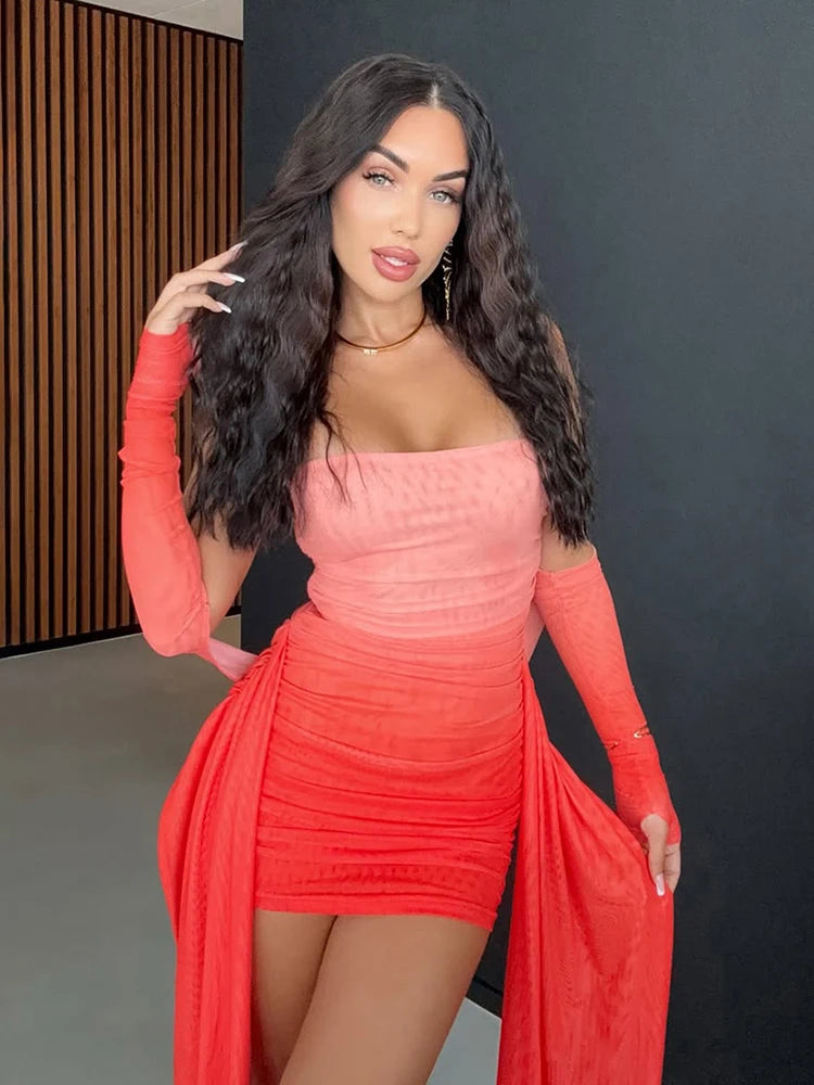 Strapless Tassel Mini Dress with Full Sleeve Gloves VestiVogue