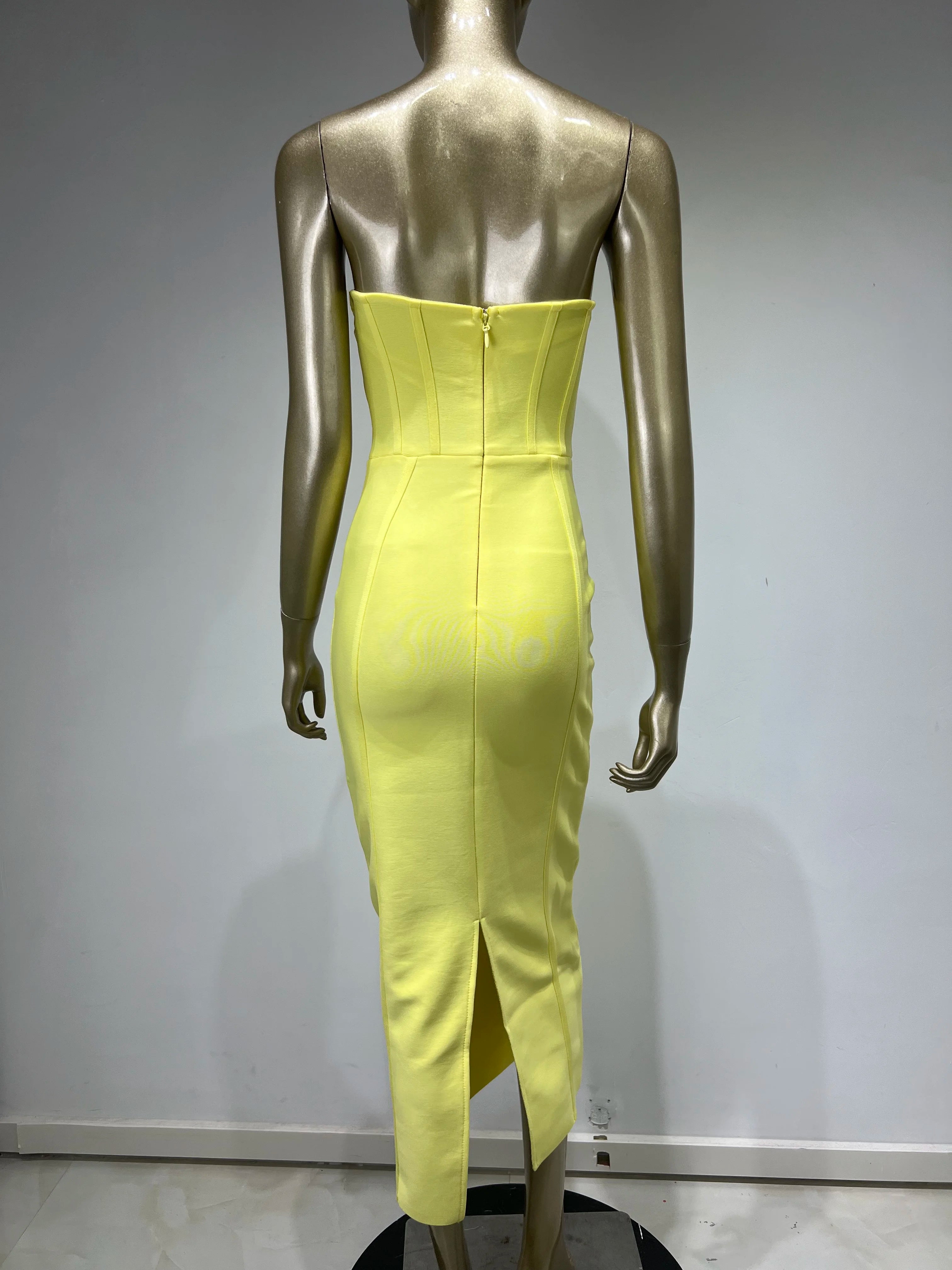 Strapless Yellow Bandage Midi Dress VestiVogue