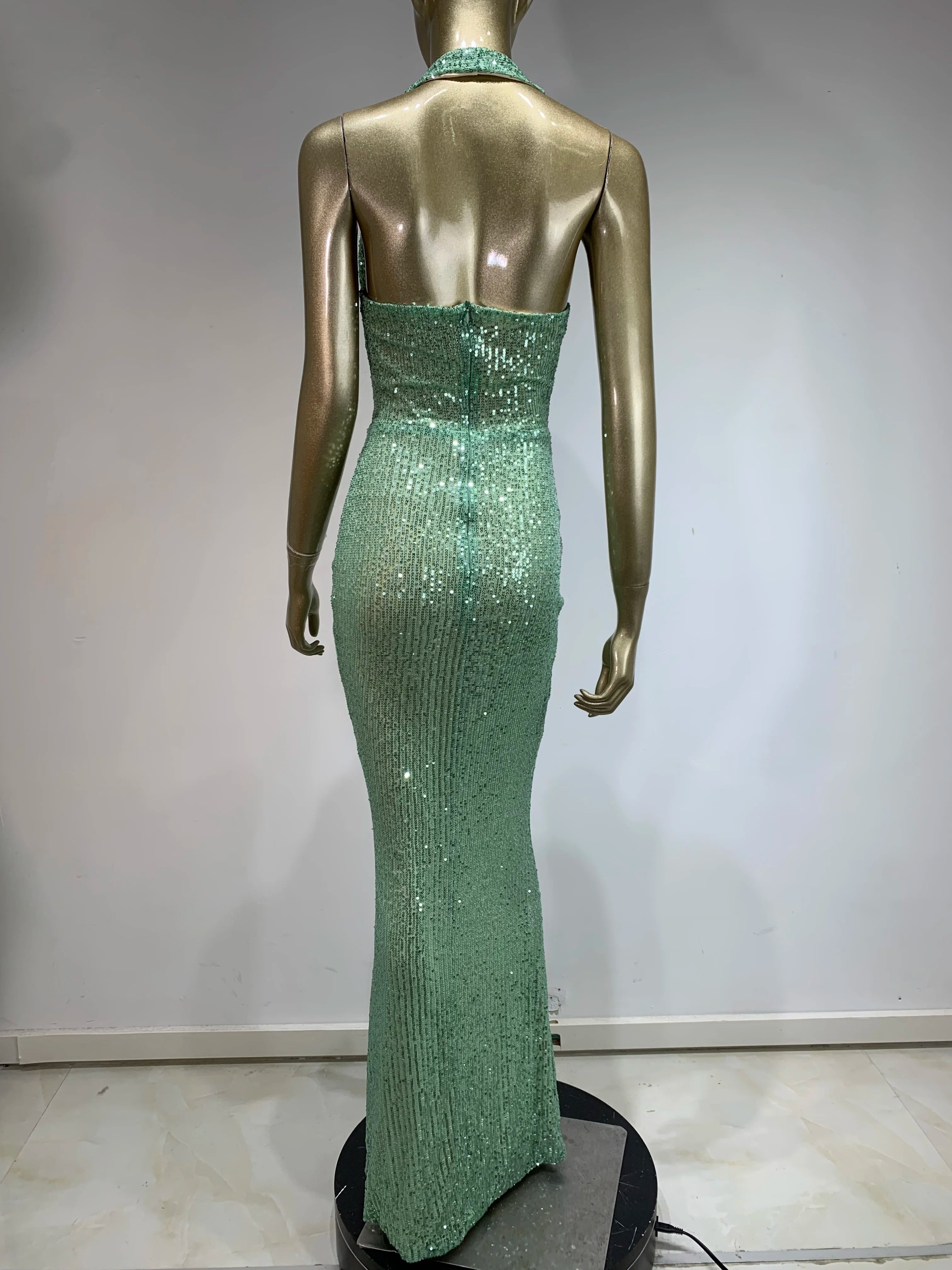 Elegant Mint Green Backless Halter Sequin Maxi Gown VestiVogue
