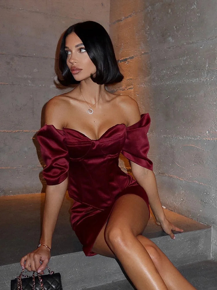 Wine Red Off-Shoulder Backless Mini Dress VestiVogue