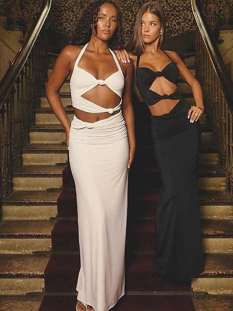 Elegant Hollow Out Sheath Maxi Dress with Halter Neckline VestiVogue