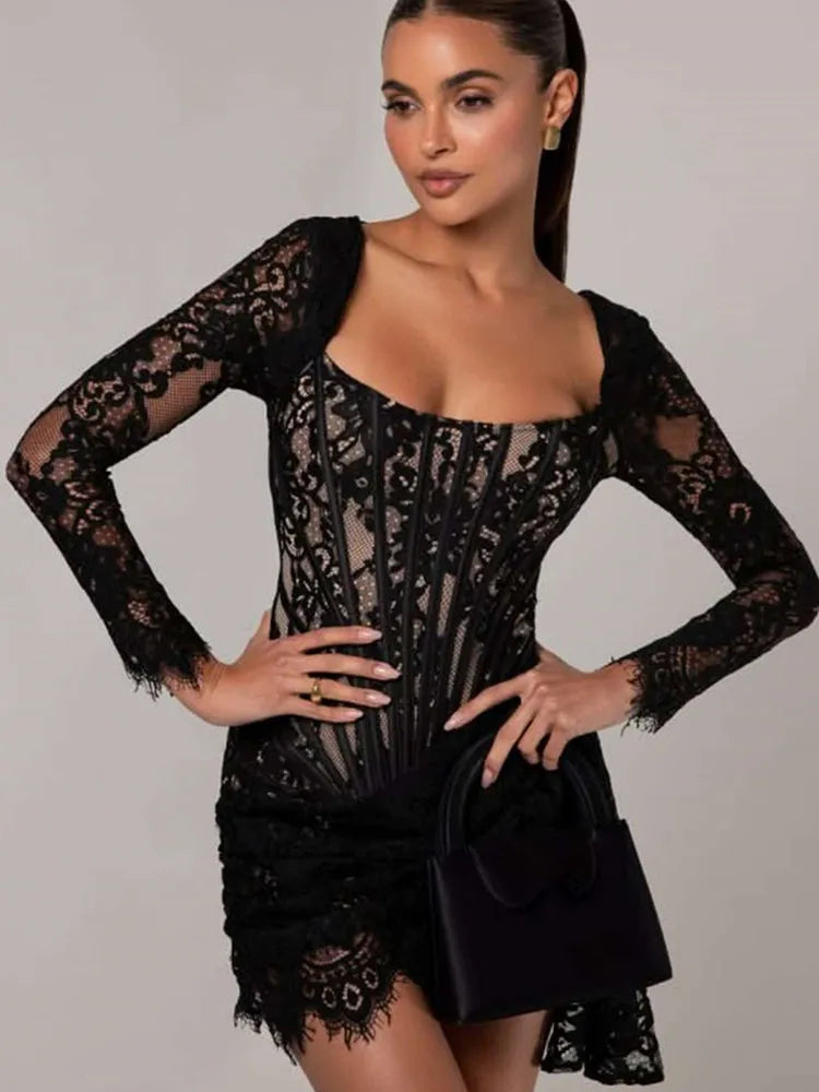 Elegant U Neck Black Lace Mini Bodycon Gown VestiVogue black XS
