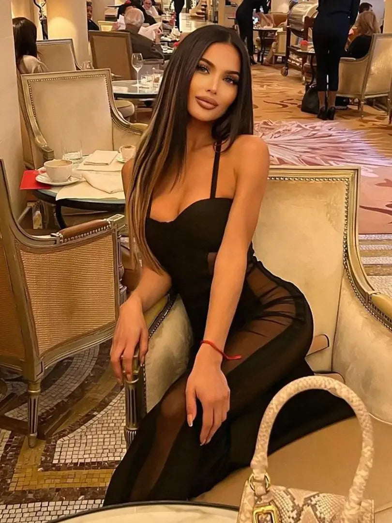 Chic Black Mesh Bodycon Flare Jumpsuit for Women VestiVogue