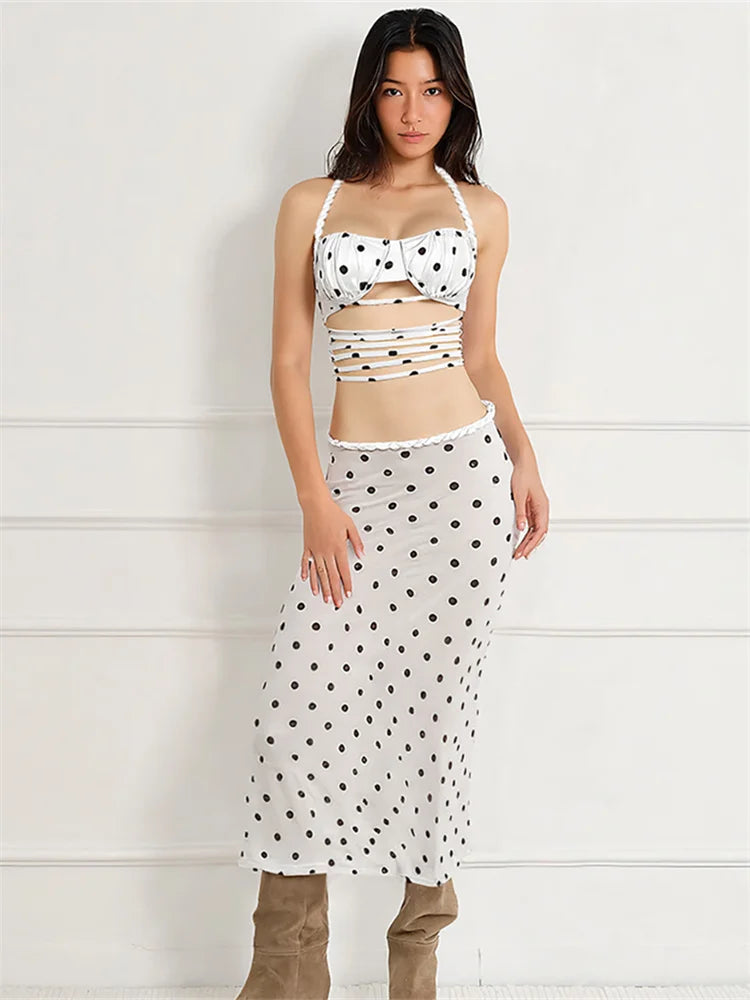 Chic Dot Print Backless Tank & Midi Skirt Set VestiVogue